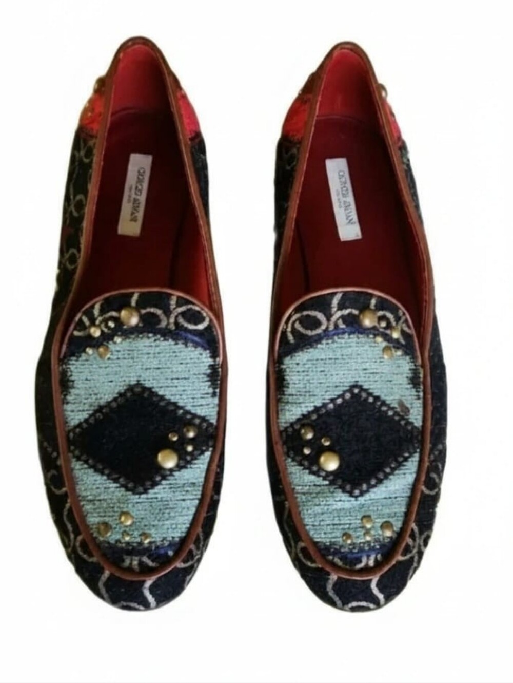 Giorgio Armani Teal, Black & Red Embellished Flat Loafers With COA